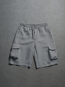 ROMWE MEN Essentials 男士千鸟格抽绳腰带工装口袋休闲短裤 - 黑與白 - 查看 3