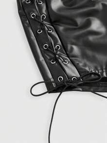 ROMWE Grunge Punk Spring/Summer Y2K Black Low Waist PU Leather Rivet Decor Side Lace-Up Sexy Mini Shorts, Suitable For Parties, Gatherings, Music Festivals, Shopping Dates And More - Black - View 4