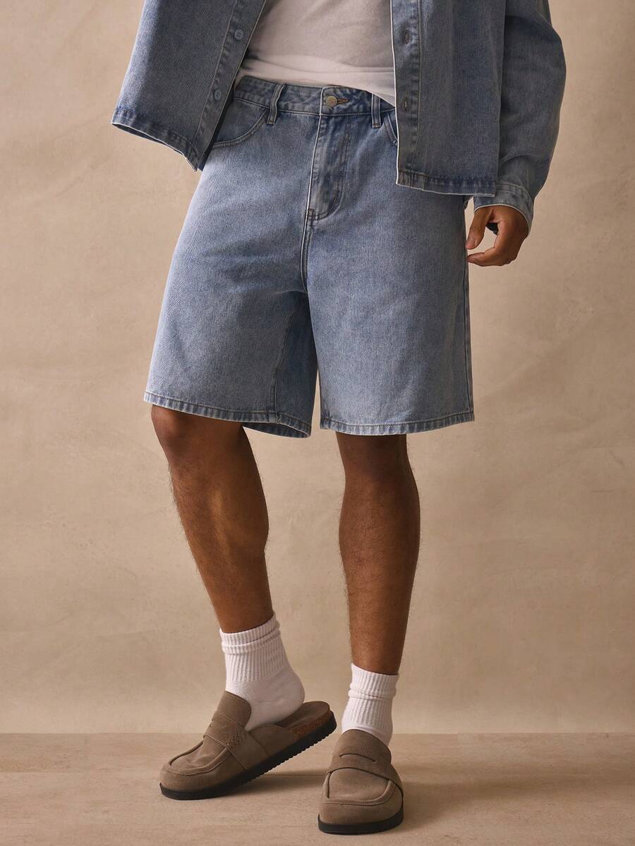 Musero Long Line Denim Jort Style Basic Washed Shorts Button Fastening Details - Light Wash - View 1