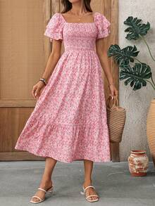 EMERY ROSE Women's Summer Vacation Casual Ditsy Floral Square Neck Midi Dress - Pink - View 9