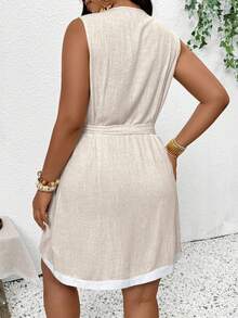 SHEIN Frenchy Plus Size Women Summer Casual Business Casual Wrap Tie Sleeveless Dress Classy Black And White Spring Clothing Vacation - Apricot - View 2