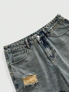 ROMWE MEN Men's Vintage Washed Multi-Pocket Distressed Cargo Shorts - Blue - View 3