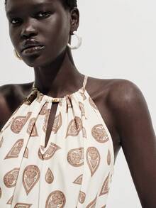 Lumivelle Women's Vacation Cashew Floral Print Ruffle Hem Halter Neck Dress - Apricot - View 6