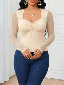 SHEIN Lady Áo thun dài tay ôm dáng, màu trơn, thanh lịch dành cho nữ, có bèo nhún. - Màu be - Xem 3