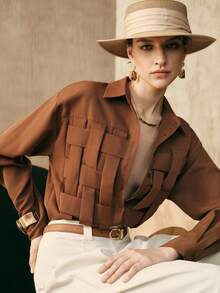 Arave Women's Plain Weave Hand-Knitted Fabric Shirt With Straight Shoulders, Long Sleeves, Half-Open Placket, Hand-Knitted Structure Design, Casual Wear, Brown Shirt  Summer Outfits Spring Clothing - Rust Brown - View 2