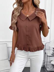 SHEIN Clasi Áo nữ tay ngắn, màu trơn, cài cúc phía trước, kiểu dáng thường ngày, thích hợp mặc đi chơi, mùa hè. - Màu Tím - Xem 8