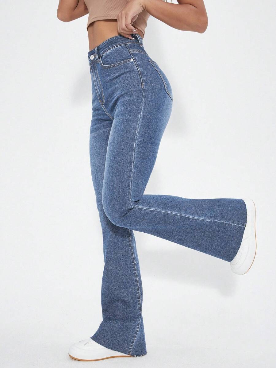 Rivivi Washed Denim Blue High Waist Flare Leg Jeans - Blue - View 1