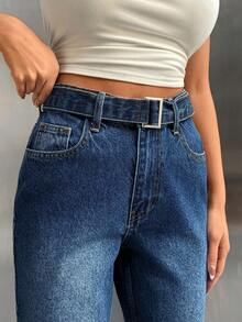 EURMUSE Jeans de cintura alta rectos con detalle de cinturón - Azul lavado medio - Ver 6