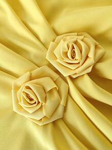 Maweii 大码女士优雅休闲衬衫，肩部褶皱设计，玫瑰花腰部点缀，手帕式下摆，简约风格，适合工作、度假、日常穿着，春夏秋季皆宜。 - 黃色 - 查看 7