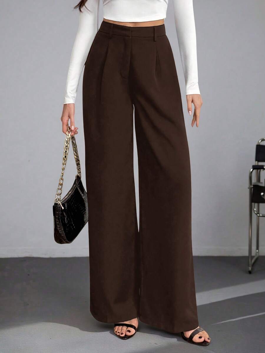SHEIN Tall Quần ống rộng cạp cao màu trơn, kiểu dáng thường ngày, đa năng, phù hợp cho người cao, phong cách thu đông. - Rỉ Nâu - Xem 1