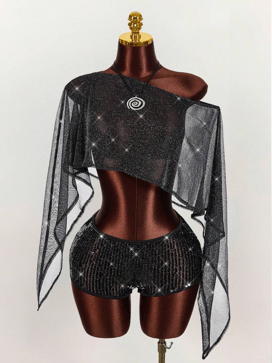 Amplova 2026 Music Festival Sheer Asymmetric Hem Crop Top & Low Waist Sequin Mini Shorts Set For Women Mesh Cover Up Bathing Suits With Ups