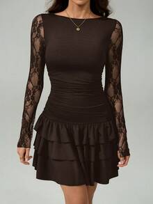 SHEIN Tall Đầm ngắn nữ màu đen phối ren, xếp lớp, viền bèo nhún, kiểu dáng mới, thích hợp cho mùa thu. - màu nâu - Xem 9