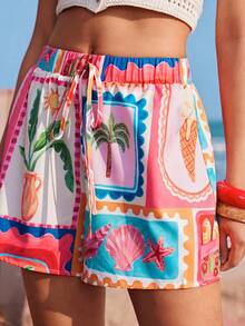 Travachic Tropical Print Loose Casual Shorts - Red - View 1