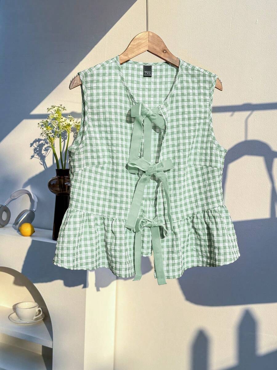 Comfortcana Camisa sin mangas con botones a cuadros verde oliva para mujer - Verde Oliva - Ver 1