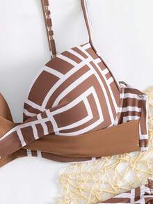 Swim Lushoire Geometric Print Cross Strap PUSH UP Underwire Bikini Set - Multicolor - View 4