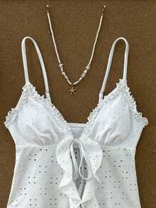 Swim Mod Women's Swimsuit, Sweet & Cute Beach Vacation Casual, White Textured Fabric Ruffle Tie-Up 2 Pieces Backless Bikini - White - View 13