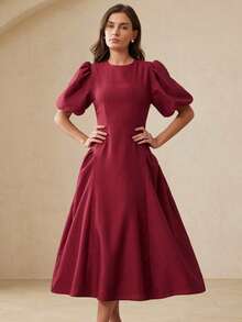 Revavyn Zweifarbiges Bambus-Knoten-Design, lässiges Bindegürtel-Maxikleid mit Puffärmeln Einfarbig - Bordeaux - Übersicht 5