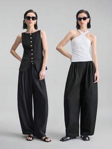 Ontre Bộ đồ nữ cao cấp màu đen, chất liệu giả lanh, thoải mái, dáng suông gồm áo blazer mỏng và quần ống rộng cạp chun xẻ tà, kiểu dáng công sở hiện đại, sang trọng, kín đáo, thích hợp cho sân bay, du lịch biển, đám cưới ở Trung Đông, hoặc các dịp khác. Bộ vest thường ngày tối giản, sang trọng, đa năng, phù hợp mọi mùa. - màu đen - Xem 2