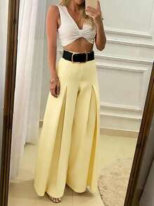Pariaura 女士休闲优雅褶裥阔腿裤，适合通勤 - 黃色 - 查看 3