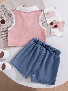 Genkimix Kids Bộ 2 món cho bé gái mùa hè, màu mơ, chất liệu vải dệt họa tiết, cổ áo kiểu chắp vá hình trái tim và chân váy denim có bèo nhún, thêu hình quả anh đào, kiểu dáng vintage dễ thương. - Hồng - Xem 2