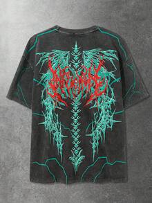 ROMWE MEN 男士休闲街头美式雪花荆棘英文印花短袖T恤 - 黑色 - 查看 6