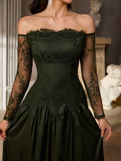 Aureia 优雅奢华的法式刺绣蕾丝缎面露肩连衣裙，波浪形腰线设计，A字裙摆，适合晚宴、商务正式场合和宾客着装。