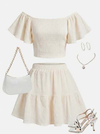 SHEIN Girlism 少女纯色荷叶袖拉链A字裙两件套休闲度假套装