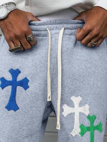 PAVTROS 男士抽绳腰带交叉图案口袋阔腿休闲运动裤 - 灰色 - 查看 2