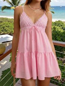 Sunnyshic 女士休闲度假百搭日常纯色蕾丝刺绣拼接V领吊带迷你连衣裙，春夏款 - 淺粉色 - 查看 5
