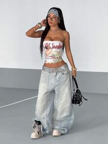 StreetHx 女士时尚性感街头涂鸦印花抹胸上衣 - 彩色 - 查看 2