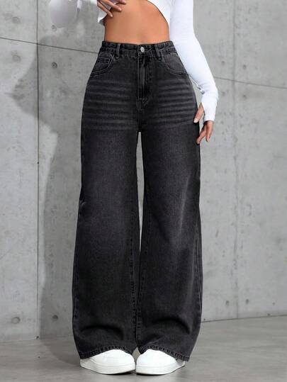 SHEIN ICON Plus Size Women Spring Skinny Straight Leg Gray Non-Stretch Cowgirl Jeans