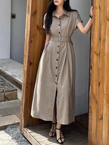 DAZY Women's Casual Vacation & Commute Striped Print Batwing Sleeve Belted Long Dress Sundress - Khaki - View 2