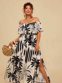 Travachic Plus Size Bohemian Paisley Print Off Shoulder Ruffle Hem Maxi Dress, Casual Holiday Style For Women, Autumn Off The Shoulder Maxi Dress Long Vacation Dress Havana Nights Outfit Plus Size Resort Wear, Summer Dresses - Black and White - View 8