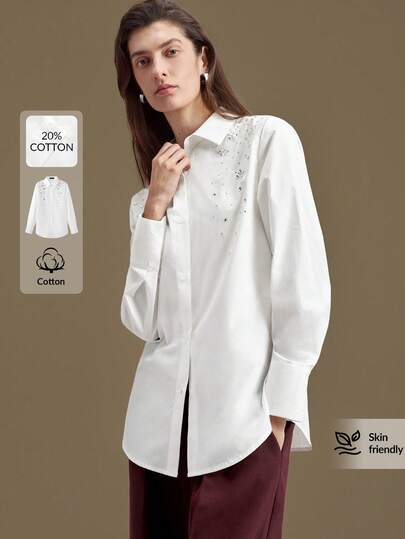 Ontre Camisa de mujer 2026SS de marfil blanco, de tela de seda sintética suave y amigable con la piel, de corte holgado con cuello vuelto, manga larga, cierre delantero con botones y decoración de rhinestones, para uso urbano y de oficina, como invitada de boda, elegante y minimalista, de tela cómoda y resistente a las arrugas, versátil para todas las estaciones, ideal para el Día de San Valentín, elegante y de estilo antiguo, atuendo para invitados de boda en crucero