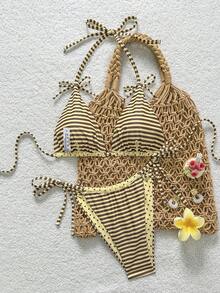 Swim Mod 2pcs Leopard Print Bowknot Sexy Women Bikini Set, Halter Tankini Swimsuit - Multicolor - View 3