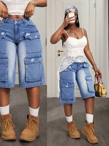 BamGleam Women's Pocketed Button Distressed Casual Versatile Daily Wear Wide Leg Cropped Jeans - Blue - View 1