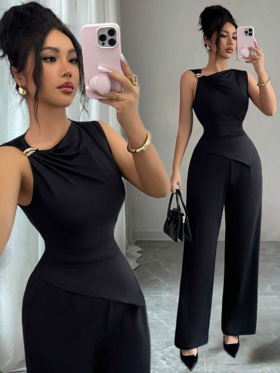 Elenzga 新款黑色无袖不对称肩部装饰纽扣腰部褶裥休闲百搭女式两件套针织衫 - 黑色 - 查看 1