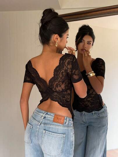 Siren Gaze Womens Elegant Black Lace Fitted Short Sleeve T-Shirt Elegant Backless Design Perfect For A Night Out, Black Lace Off Shoulder Shirt Short Sleeve Top, Lace Crop Top, See Through Top, Low Cut Top, Lacey Top, Black Top, Going Out Top, Party Outfit