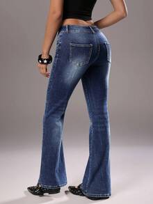 TRNVIE Double-Button Elastic Fitted Low-Waist Fashionable Flare Leg Jeans - Blue - View 2