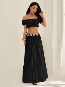 SHEIN PETITE 女士时尚露肩上衣和休闲半裙套装 - 黑色 - 查看 5