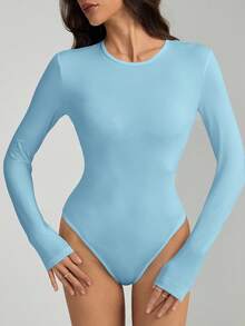 SHEIN Tall Solid Slim Fit Spring Women Bodysuit Long Sleeve Bodysuit - Baby Blue - View 8