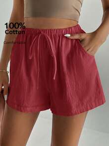 SHEIN Tall Quần short ống rộng màu trơn, có túi xoắn, kiểu dáng thường ngày, đa năng. - Màu Đỏ Sâu - Xem 9