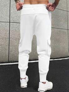 Manfinity Homme 男士宽松翻盖口袋侧抽绳腰运动裤 - 白色 - 查看 2