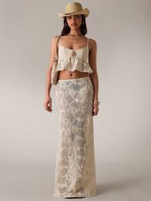 SHEIN BAE 杏色纹理钩编网纱提花半身裙，薄纱长裙，优雅半身裙，度假沙滩裙，夏季 - 杏色 - 查看 2