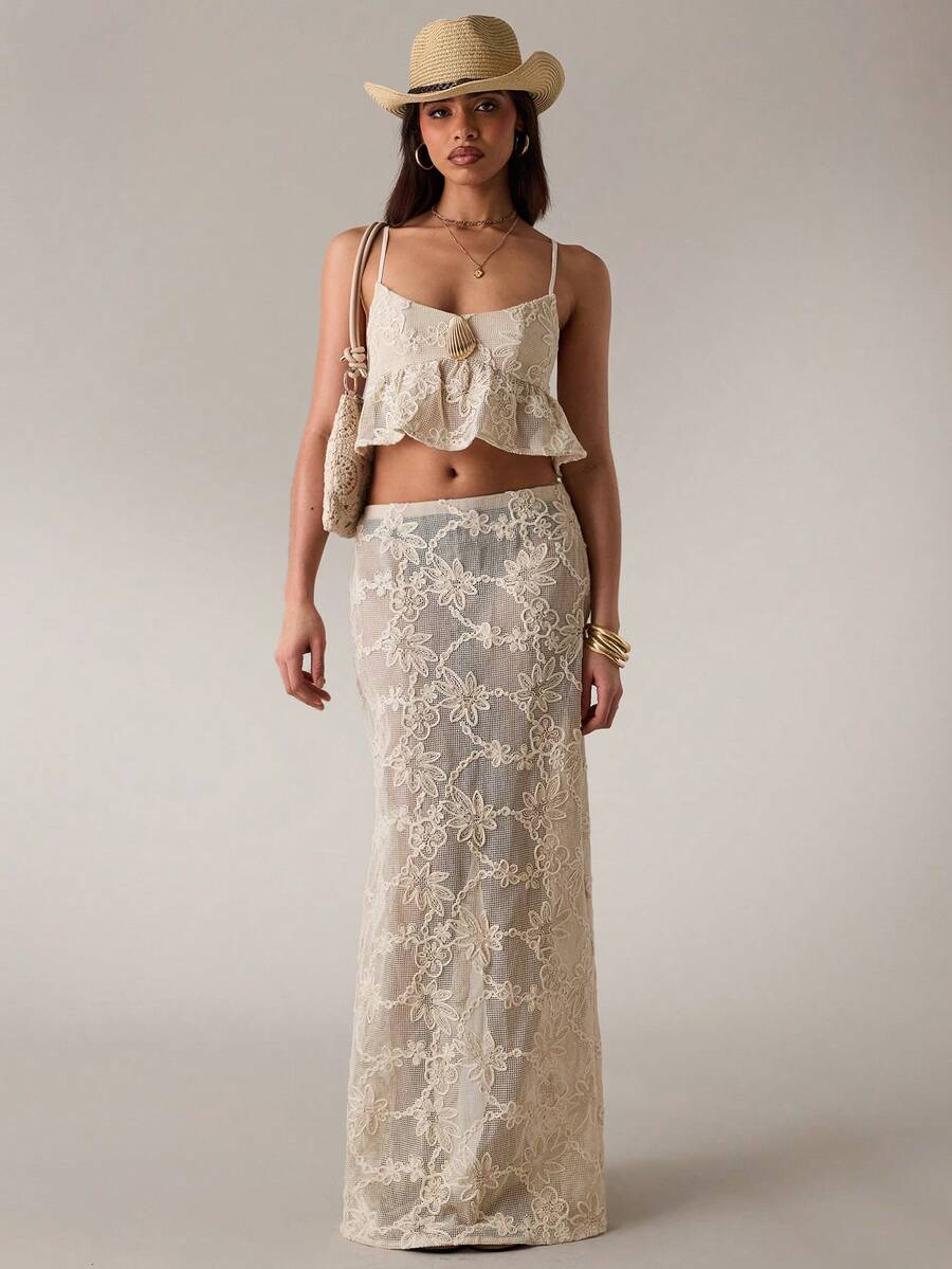 SHEIN BAE Apricot Textured Crochet Mesh Jacquard Skirt, Sheer Long Skirt, Elegant Skirt, Vacation Beach Skirt, Summer - Apricot - View 1