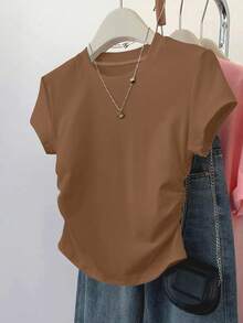 SHEIN 3件套女士户外休闲运动上衣，夏季新款，咖啡色、棕色、白色、蓝色、多色条纹，蓝色修身腰部女士T恤 - 彩色 - 查看 3