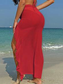 Swim Lushoire Áo khoác ngoài màu trơn dành cho nữ, chân váy xếp ly. - Đỏ - Xem 2