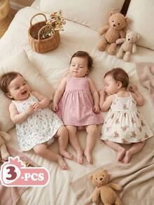SHEIN Vintaside Kids 新生女宝宝夏季白色橙色碎花吊带连衣裙三件套，舒适可爱，居家礼物 - 彩色 - 查看 6
