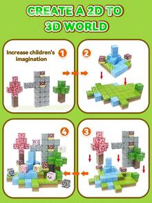 MINKOJA 创意森林磁性积木，可搭建3D世界的磁性积木，适合3岁以上儿童的感官搭建堆叠磁性积木玩具，男孩女孩生日礼物，复活节礼物，儿童节礼物，旅行玩具，磁性积木，建筑积木，儿童磁性积木玩具 - 彩色 - 查看 8