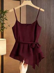 Franclia 法式时尚优雅吊带背心，配 H 形腰带，收腰设计，水晶红女士夏季背心，女士夏季，女士户外上衣，女士休闲上衣，女士休闲服。 - 中紫紅色 - 查看 1